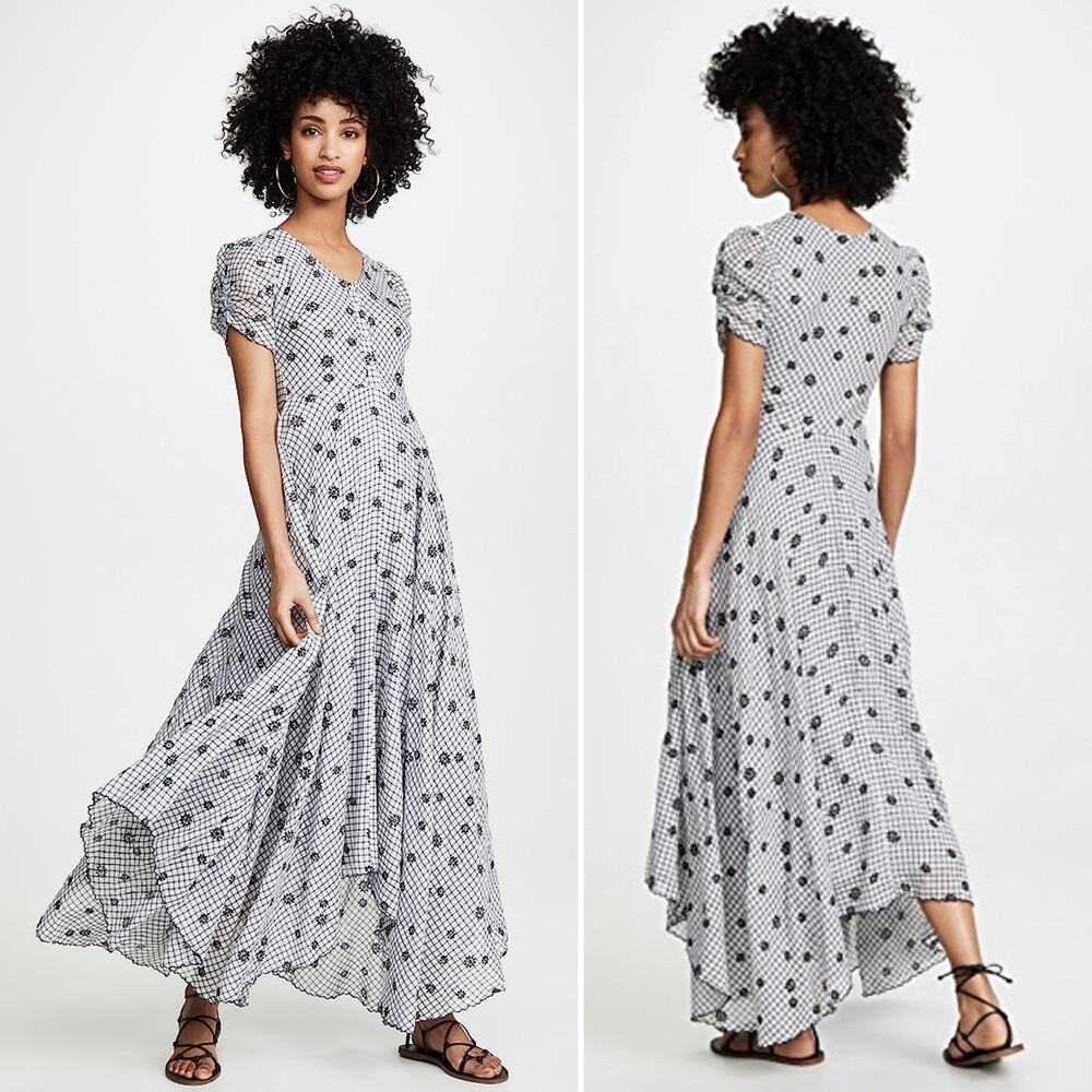 LoveShackFancy Coralie Puff Sleeve V Neck Midi Dress Charcoal Floral Plaid US 0 - Picture 3 of 12